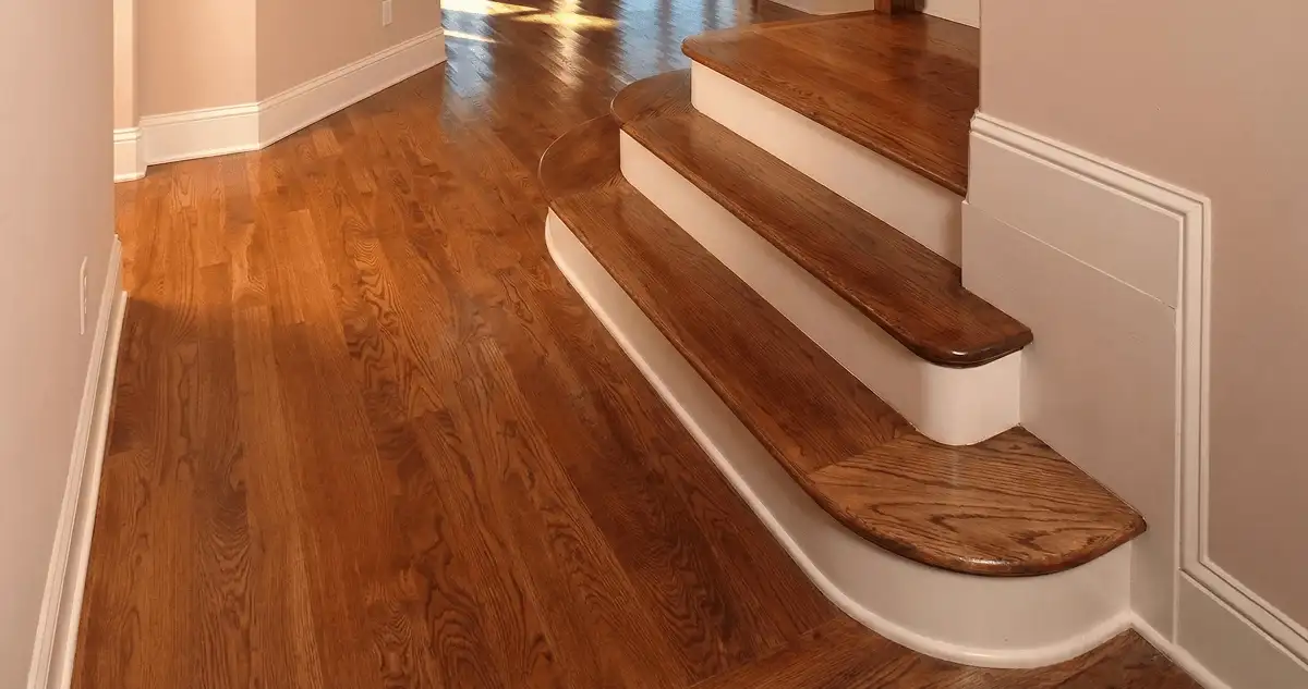 Base floor of a staircase with professionally restored wood flooring in Clearwater FL