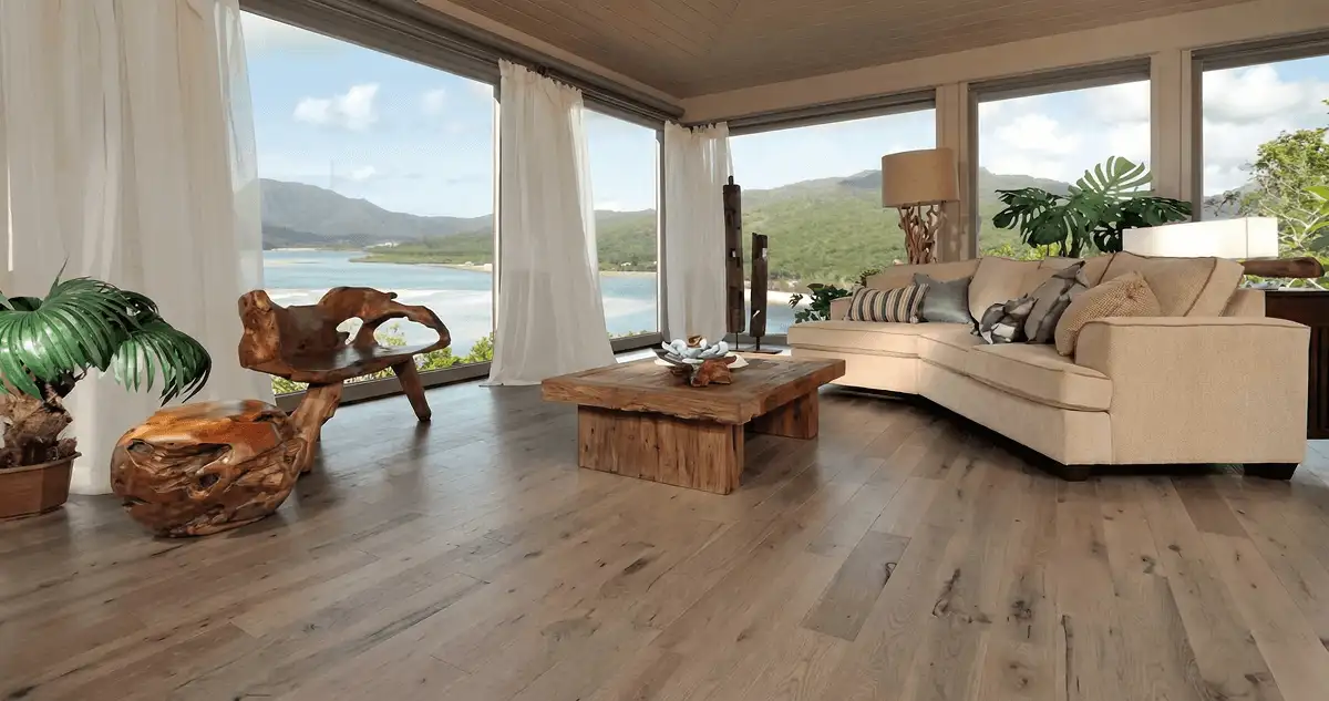 Professionally installed vinyl flooring in a modern living room with large windows in Clearwater, FL